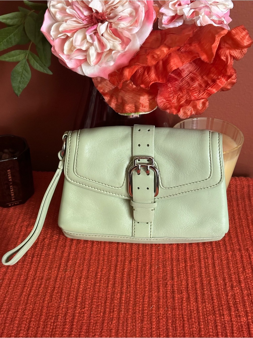 Cole Haan Mint Green Leather Wristlet with Front Buckle